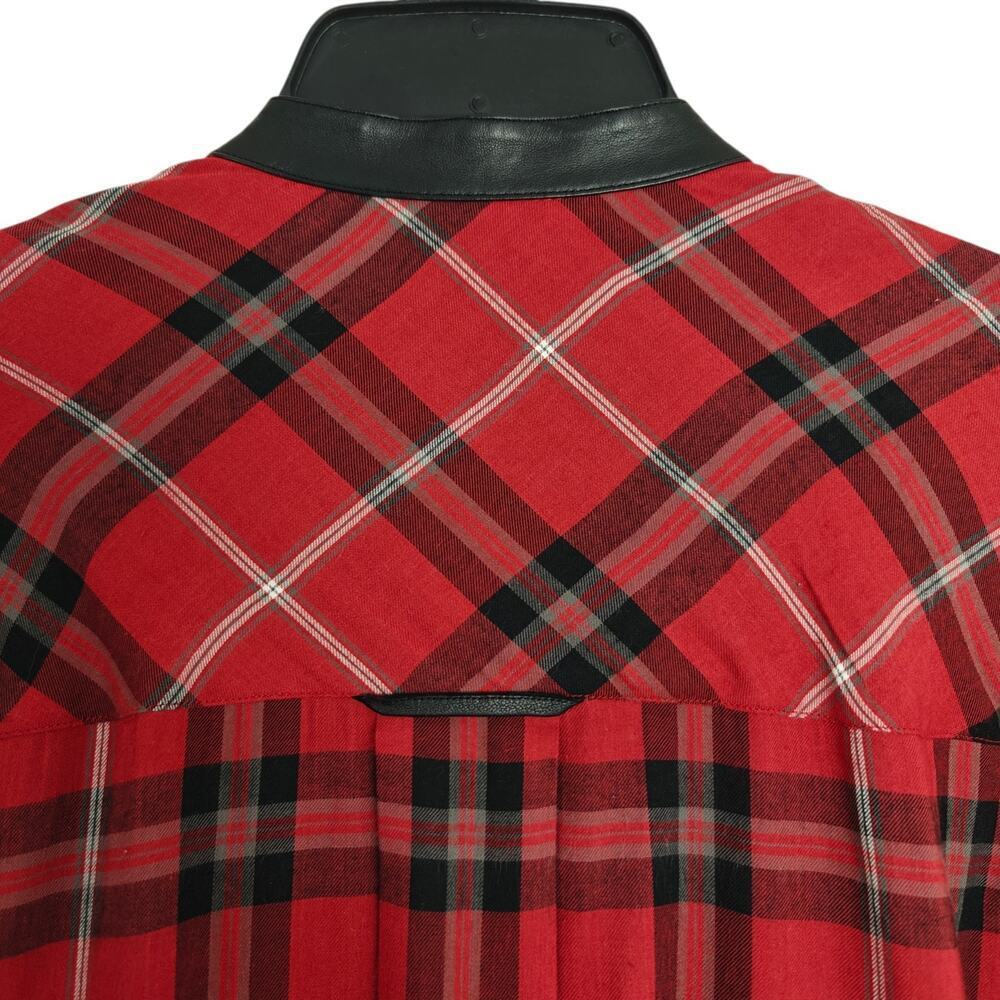 Vince Plaid Button Front Shirt Lamb Leather Collar Size 6 Red Black Long Sleeves - Picture 8 of 11